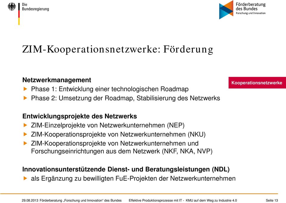 ZIM-Kooperationsprojekte von Netzwerkunternehmen und Forschungseinrichtungen aus dem Netzwerk (NKF, NKA, NVP) Innovationsunterstützende Dienst- und Beratungsleistungen (NDL) als
