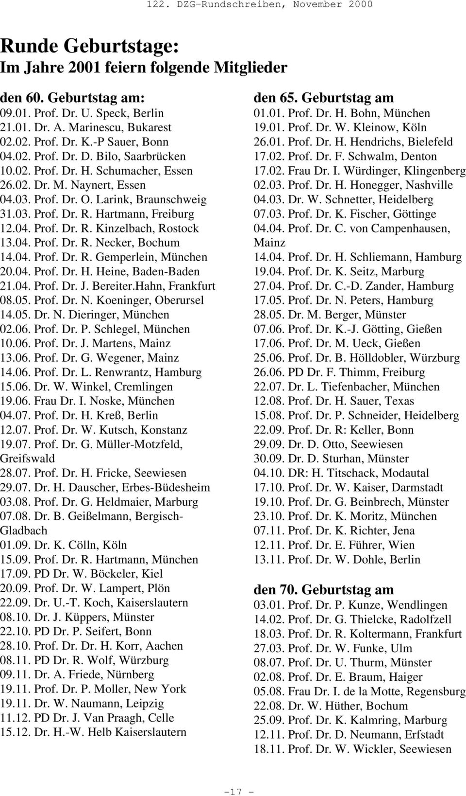 04. Prof. Dr. R. Gemperlein, München 20.04. Prof. Dr. H. Heine, Baden-Baden 21.04. Prof. Dr. J. Bereiter.Hahn, Frankfurt 08.05. Prof. Dr. N. Koeninger, Oberursel 14.05. Dr. N. Dieringer, München 02.