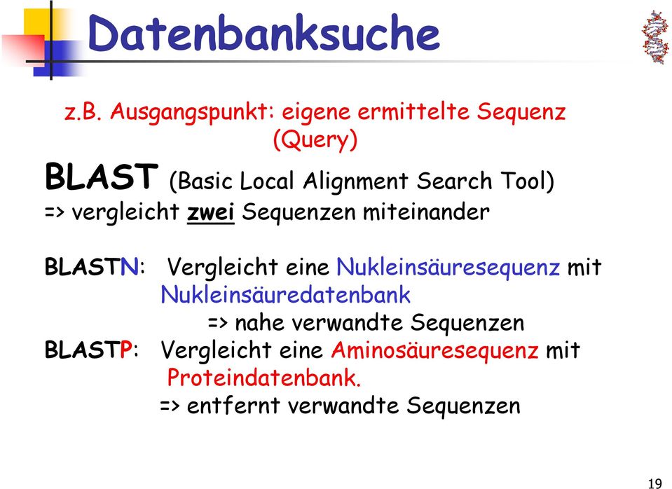 Ausgangspunkt: eigene ermittelte Sequenz (Query) BLAST (Basic Local Alignment Search