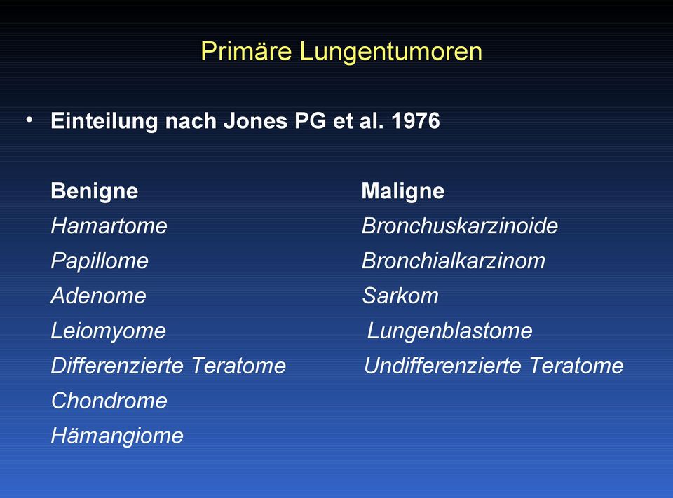 Bronchialkarzinom Adenome Sarkom Leiomyome Lungenblastome