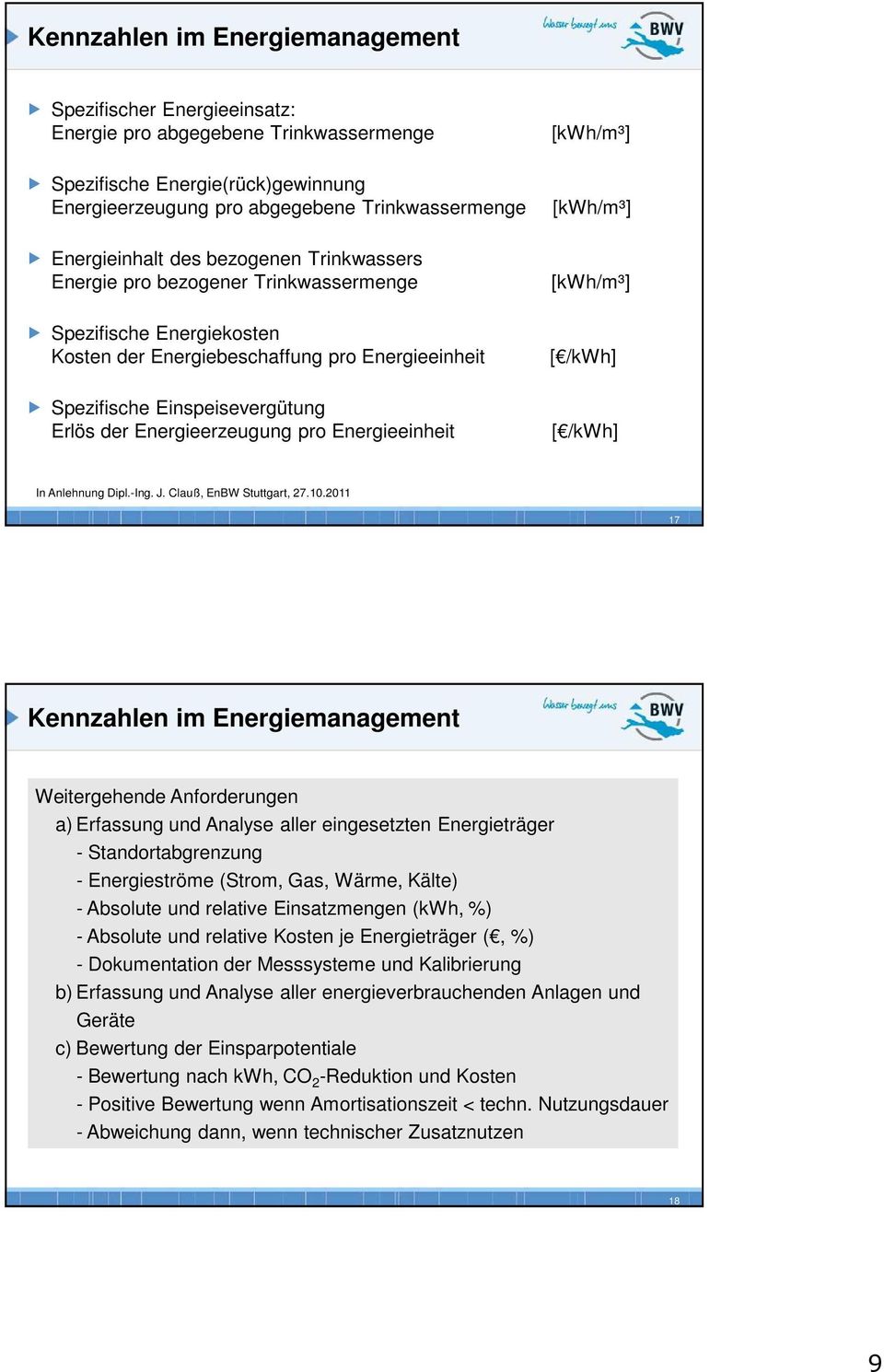 pro Energieeinheit [kwh/m³] [kwh/m³] [kwh/m³] [ /kwh] [ /kwh] In Anlehnung Dipl.-Ing. J. Clauß, EnBW Stuttgart, 27.10.