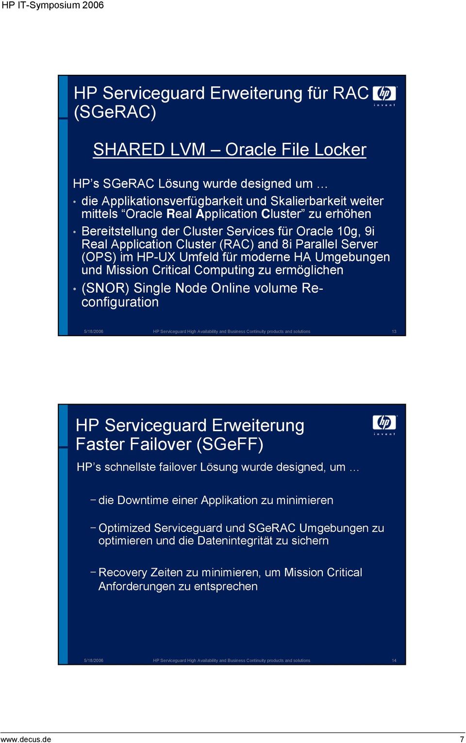 Computing zu ermöglichen (SNOR) Single Node Online volume Reconfiguration 5/18/2006 HP Serviceguard High Availability and Business Continuity products and solutions 13 HP Serviceguard Erweiterung