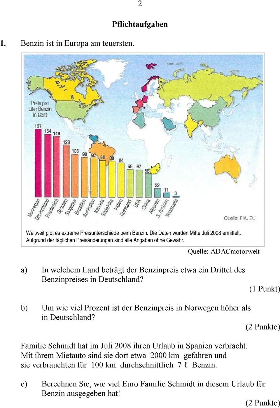Quelle: ADACmotorwelt a) In welchem Land beträgt der Benzinpreis etwa ein Drittel des Benzinpreises in Deutschland?
