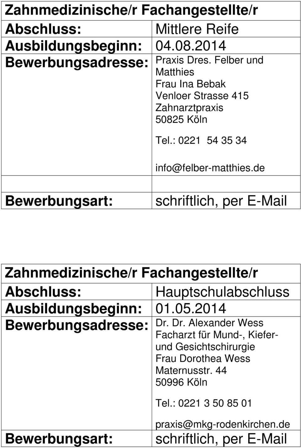 : 0221 54 35 34 info@felber-matthies.de, per E-Mail Zahnmedizinische/r Fachangestellte/r Ausbildungsbeginn: 01.05.