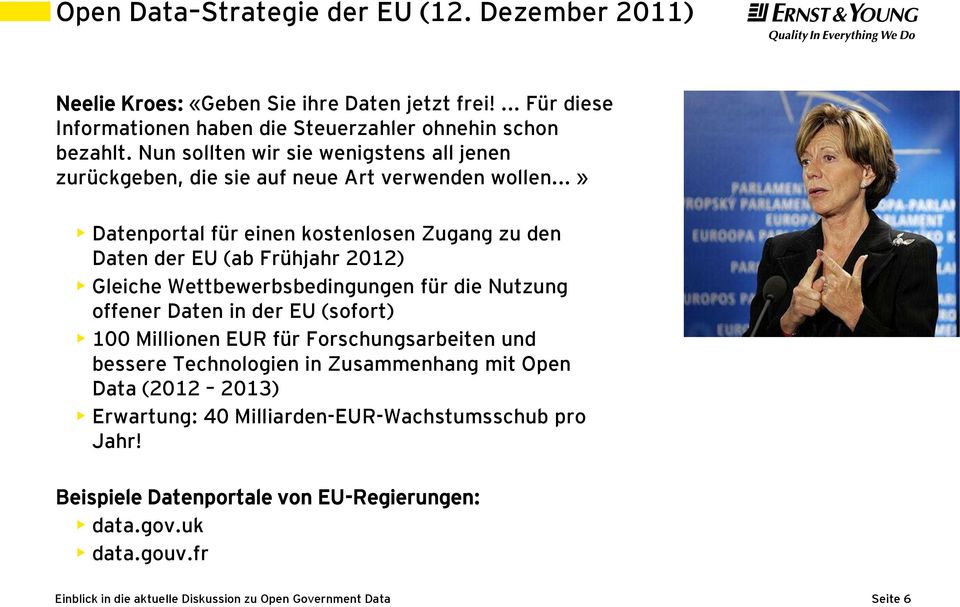 ..» Datenportal für einen kostenlosen Zugang zu den Daten der EU (ab Frühjahr 2012) Gleiche Wettbewerbsbedingungen für die Nutzung offener Daten in der EU (sofort)