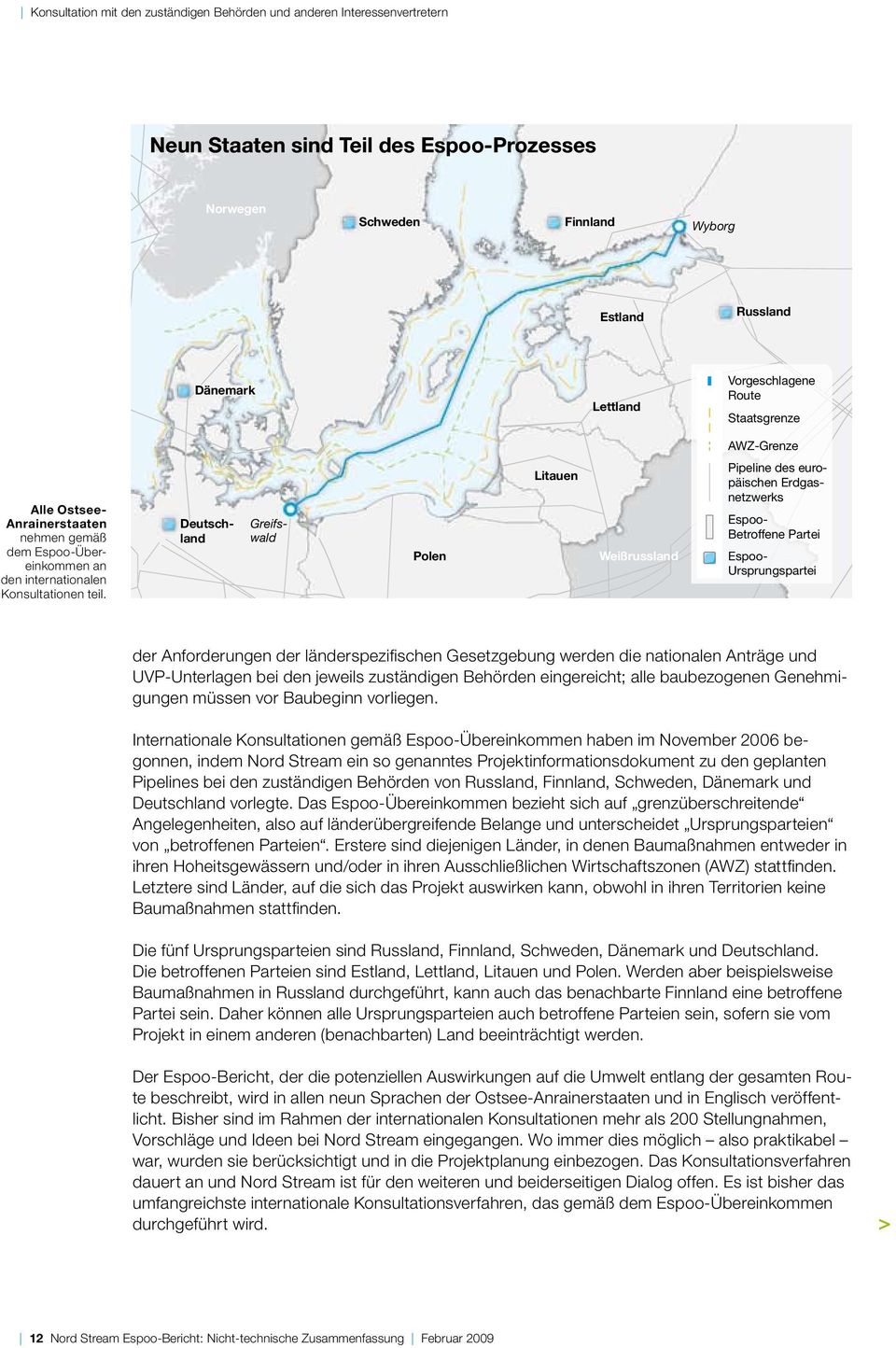Deutschland Greifs- wald Polen Litauen Weißrussland Pipeline des europäischen Erdgasnetzwerks Espoo- Betroffene Partei Espoo- Ursprungspartei der Anforderungen der länderspezifischen Gesetzgebung