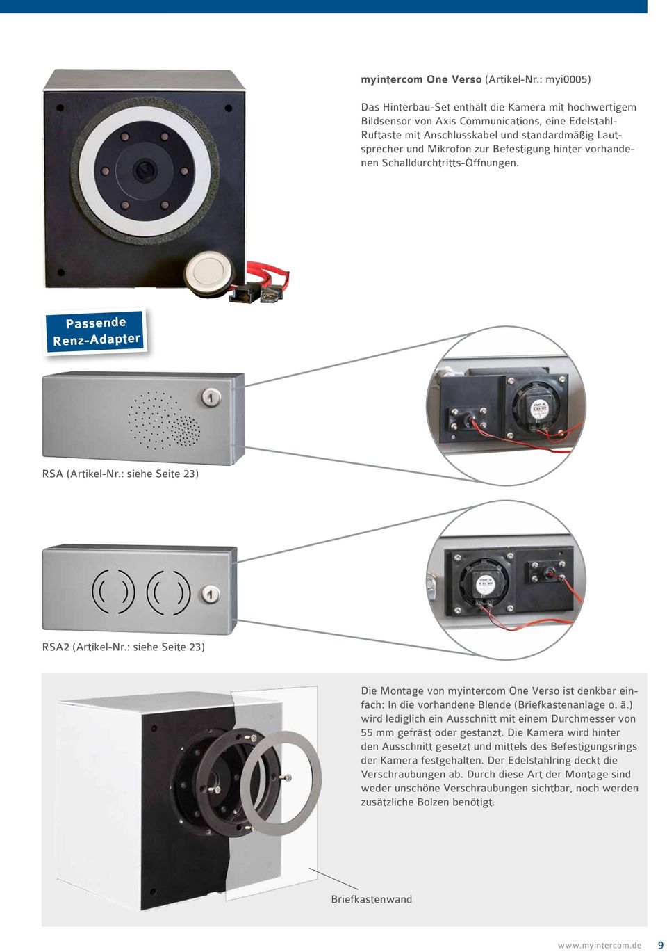Befestigung hinter vorhandenen Schalldurchtritts-Öffnungen. Passende Renz-Adapter RSA (Artikel-Nr.: siehe Seite 23) RSA2 (Artikel-Nr.