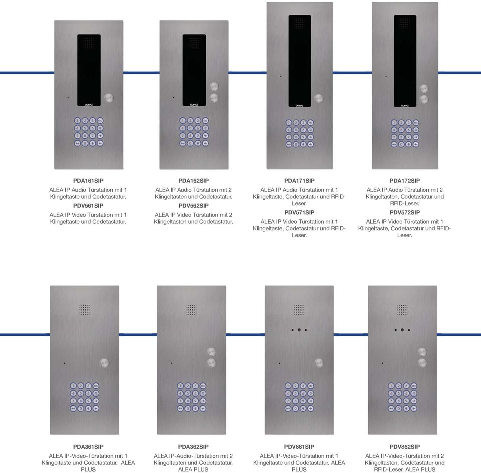 PDA171SIP ALEA IP Audio Türstation mit 1 Klingeltaste, Codetastatur und RFID- Leser. PDV571SIP ALEA IP Video Türstation mit 1 Klingeltaste, Codetastatur und RFID- Leser.