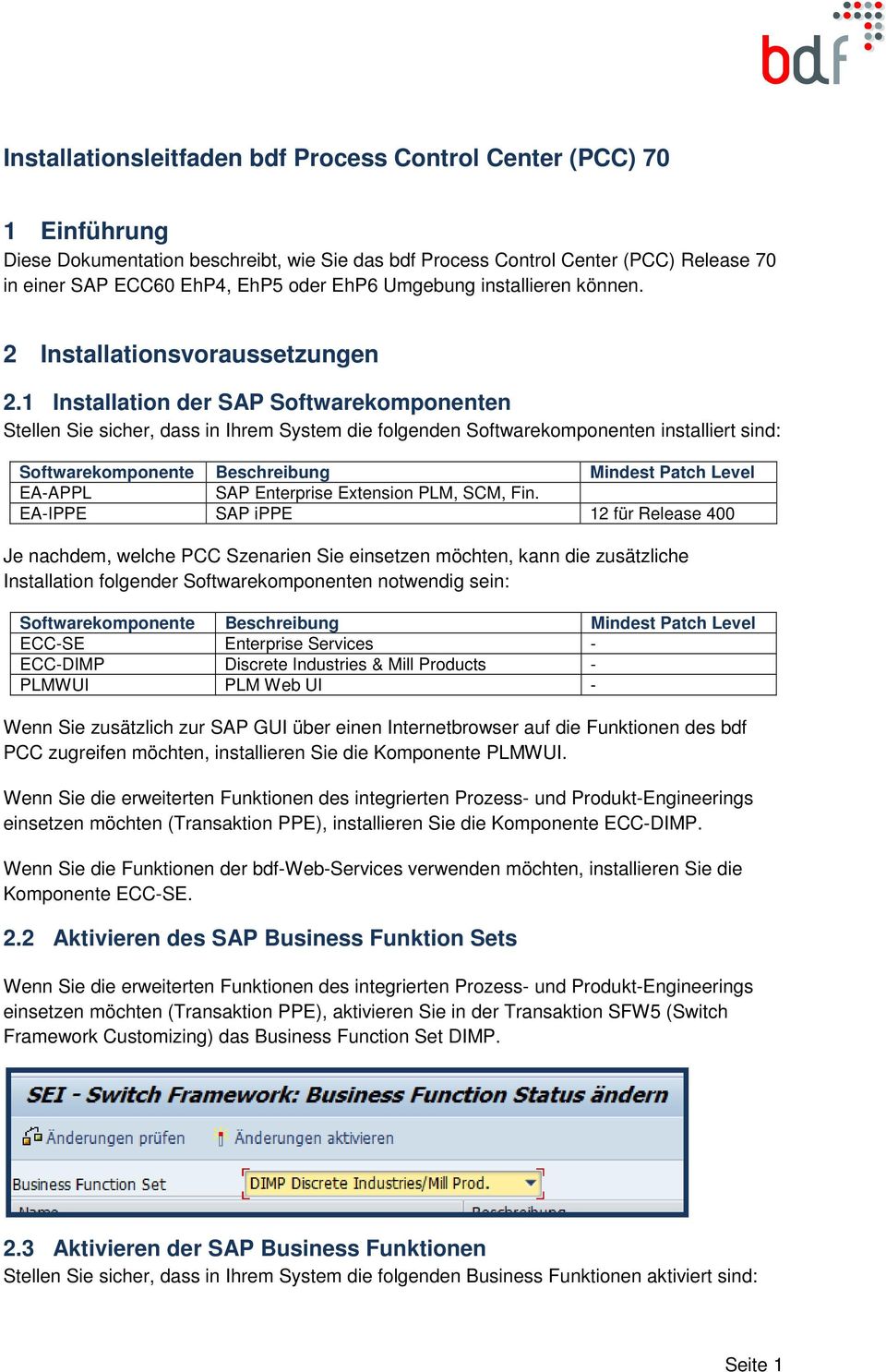 1 Installation der SAP Softwarekomponenten Stellen Sie sicher, dass in Ihrem System die folgenden Softwarekomponenten installiert sind: Softwarekomponente Beschreibung Mindest Patch Level EA-APPL SAP