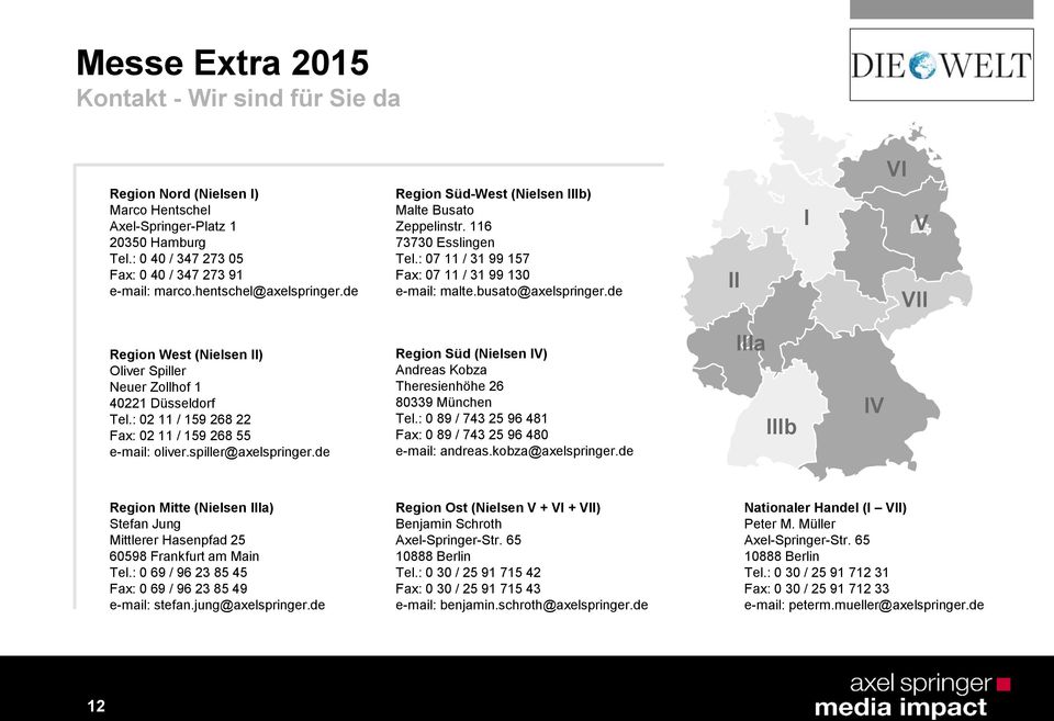 de II I V VII Region West (Nielsen II) Oliver Spiller Neuer Zollhof 1 40221 Düsseldorf Tel.: 02 11 / 159 268 22 Fax: 02 11 / 159 268 55 e-mail: oliver.spiller@axelspringer.