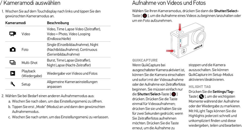 (Serienbildaufnahme) Burst, Time Lapse (Zeitraffer), Multi-Shot Night Lapse (Nacht-Zeitraffer) Playback Wiedergabe von Videos und Fotos (Wiedergabe) Allgemeine Kameraeinstellungen Setup anpassen 2.