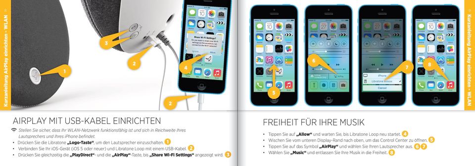 2 Drücken Sie gleichzeitig die PlayDirect - und die AirPlay -Taste, bis Share Wi-Fi Settings angezeigt wird. 3 Tippen Sie auf Allow und warten Sie, bis Libratone Loop neu startet.