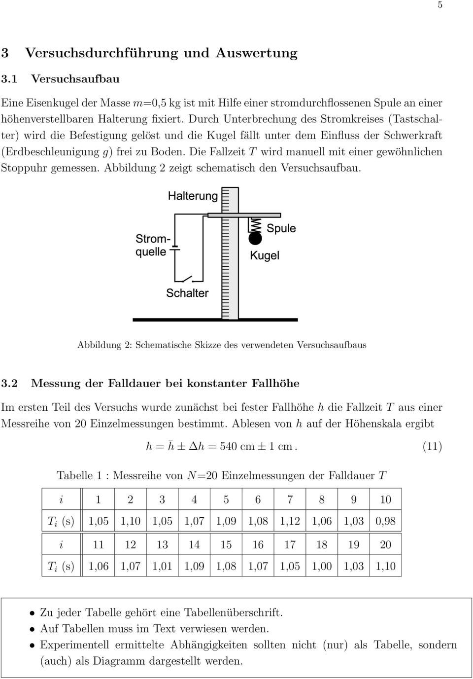 Die Fallzeit T wird manuell mit einer gewöhnlichen Stoppuhr gemessen. Abbildung 2 zeigt schematisch den Versuchsaufbau. Abbildung 2: Schematische Skizze des verwendeten Versuchsaufbaus 3.