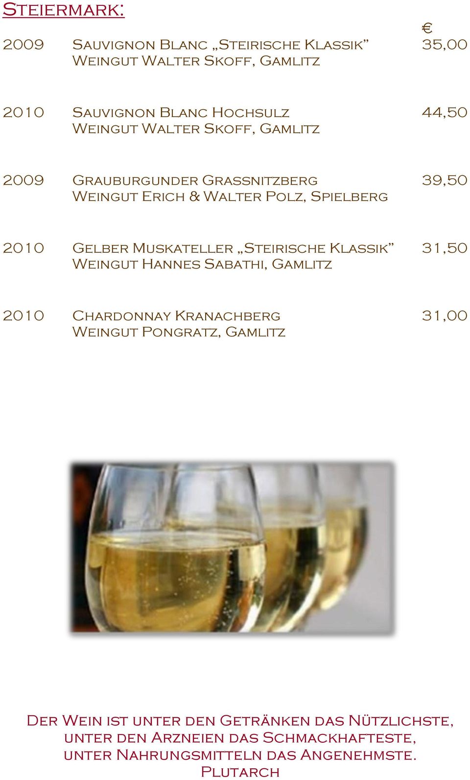 Muskateller Steirische Klassik 31,50 Weingut Hannes Sabathi, Gamlitz 2010 Chardonnay Kranachberg 31,00 Weingut Pongratz,