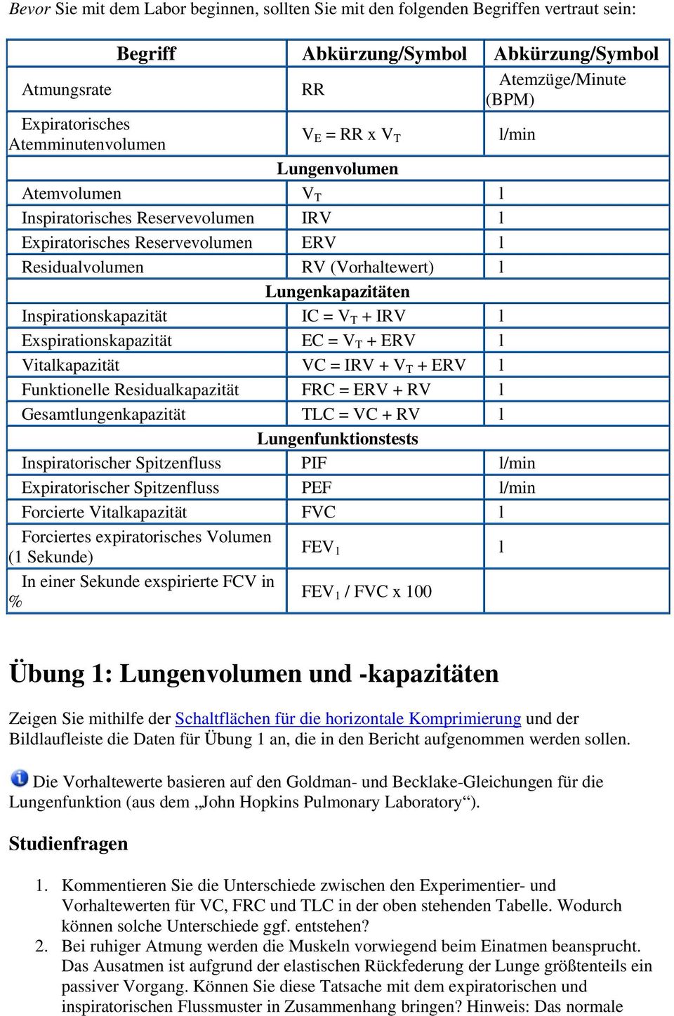 Lungenkapazitäten Inspirationskapazität IC = V T + IRV l Exspirationskapazität EC = V T + ERV l Vitalkapazität VC = IRV + V T + ERV l Funktionelle Residualkapazität FRC = ERV + RV l