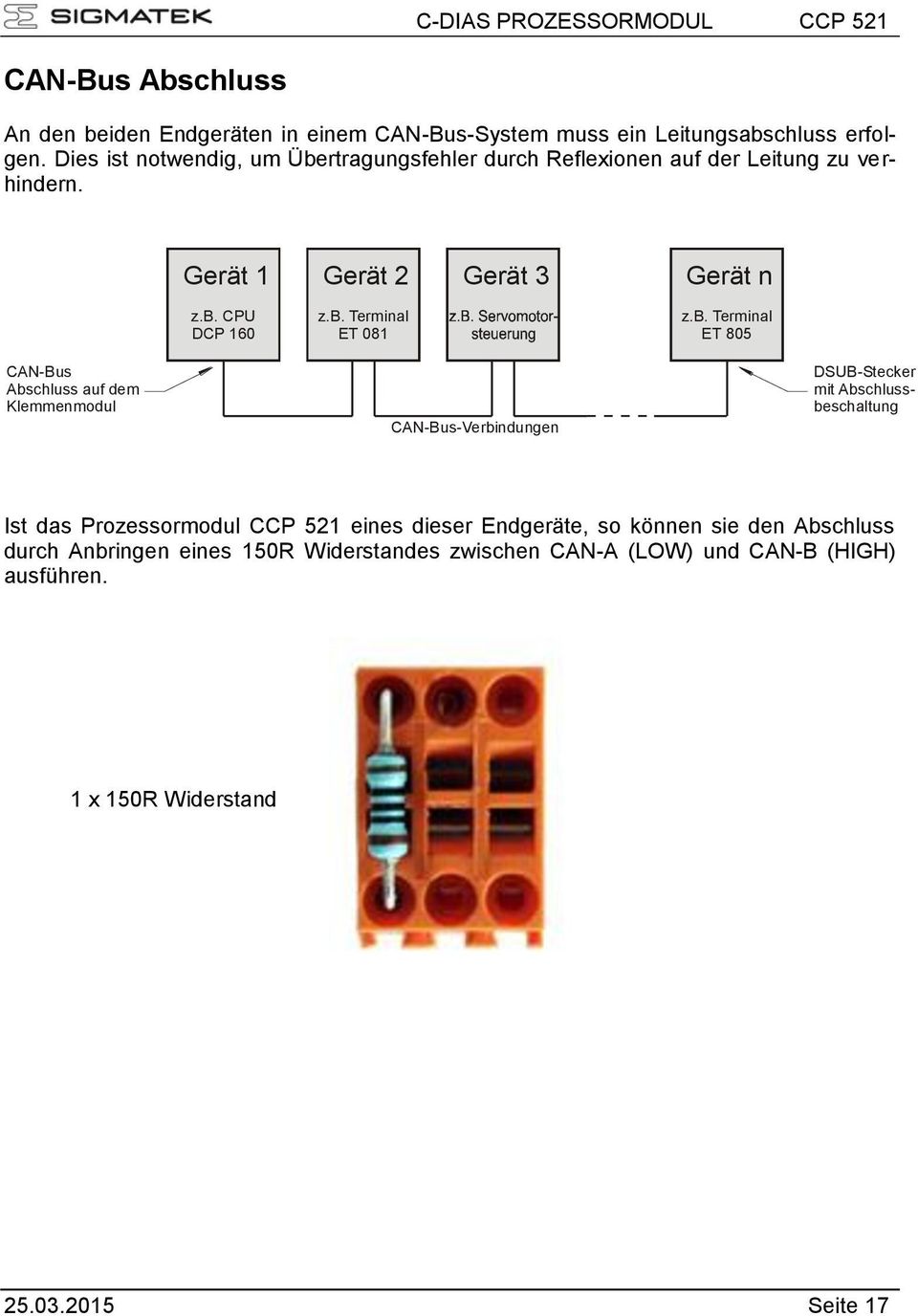b. Terminal ET 805 CAN-Bus Abschluss auf dem Klemmenmodul CAN-Bus-Verbindungen DSUB-Stecker mit Abschlussbeschaltung Ist das Prozessormodul CCP 521 eines
