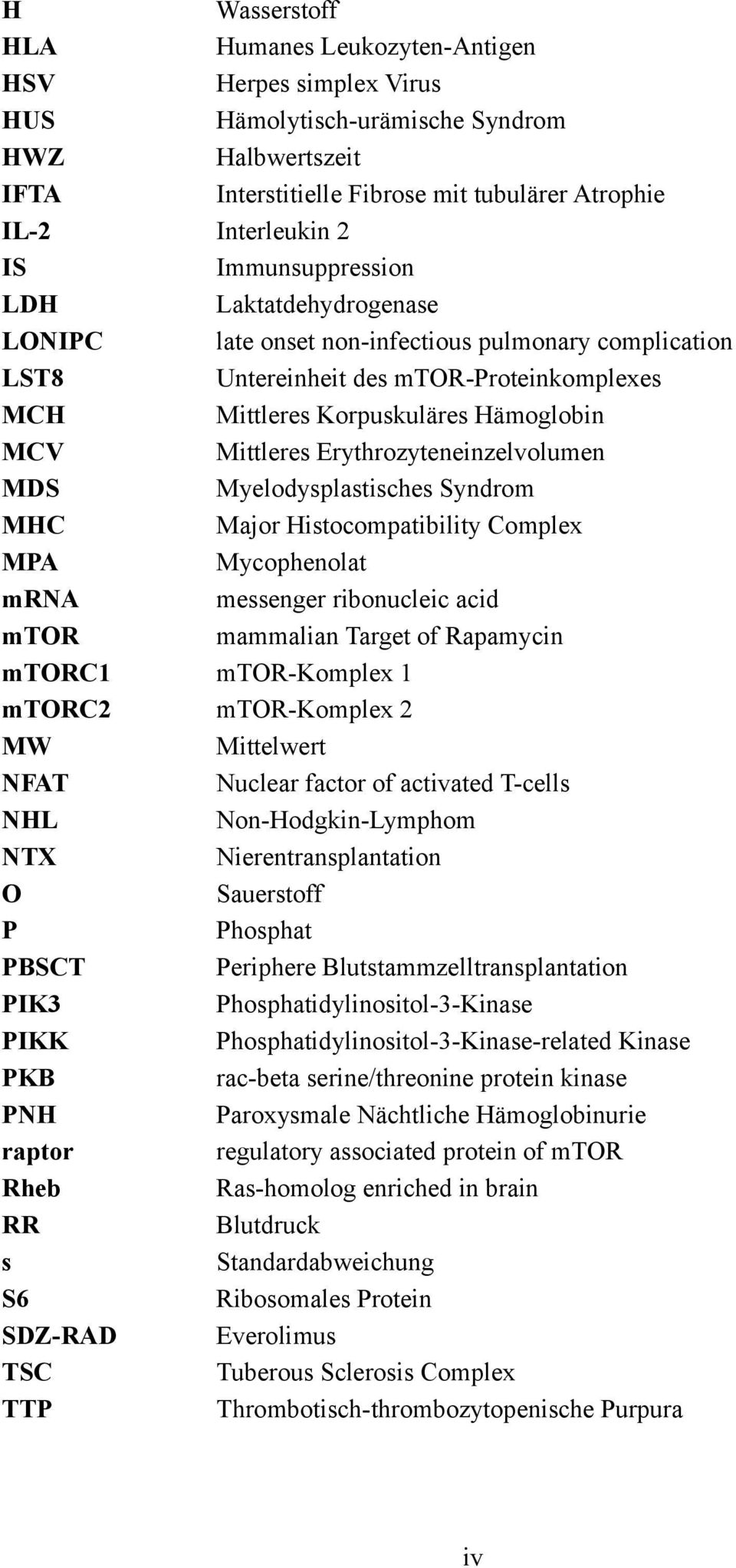 Erythrozyteneinzelvolumen MDS Myelodysplastisches Syndrom MHC Major Histocompatibility Complex MPA Mycophenolat mrna messenger ribonucleic acid mtor mammalian Target of Rapamycin mtorc1 mtor-komplex