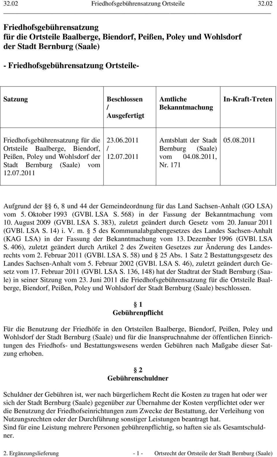2011 23.06.2011 / 12.07.2011 Amtsblatt der Stadt Bernburg (Saale) vom 04.08.2011, Nr. 171 05.08.2011 Aufgrund der 6, 8 und 44 der Gemeindeordnung für das Land Sachsen-Anhalt (GO LSA) vom 5.