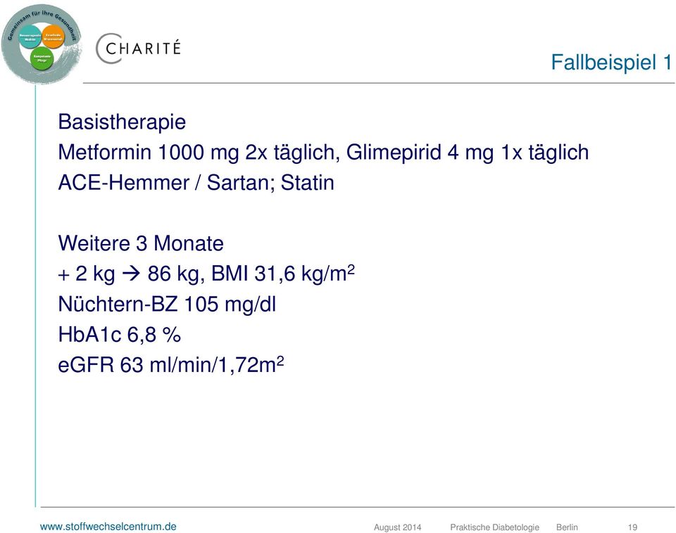 BMI 31,6 kg/m 2 Nüchtern-BZ 105 mg/dl HbA1c 6,8 % egfr 63 ml/min/1,72m 2