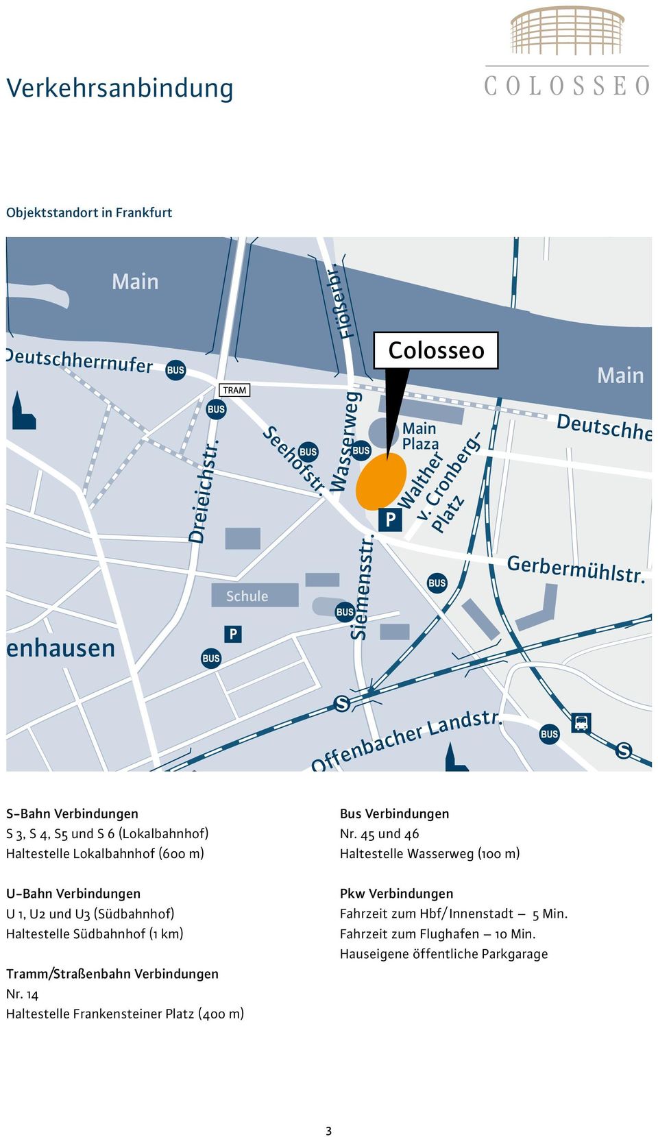 300 m S-Bahn Verbindungen S 3, S 4, S5 und S 6 (Lokalbahnhof) Haltestelle Lokalbahnhof (600 m) Offenbacher Landstr. Bus Verbindungen Nr.