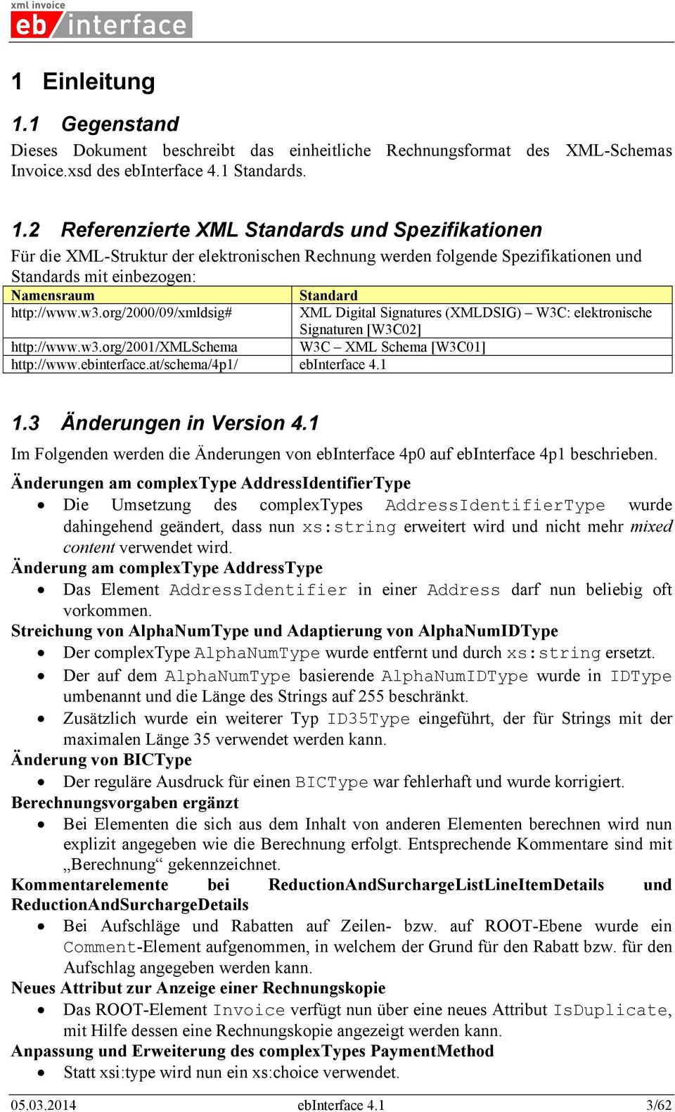2 Referenzierte XML Standards und Spezifikationen Für die XML-Struktur der elektronischen Rechnung werden folgende Spezifikationen und Standards mit einbezogen: Namensraum Standard http://www.w3.