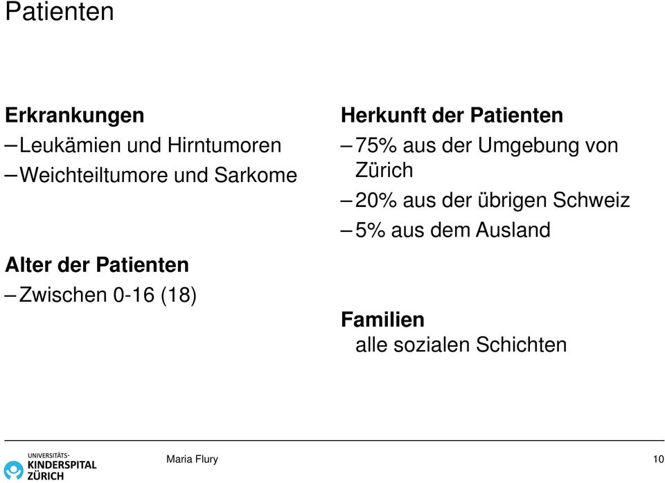 Patienten 75% aus der Umgebung von Zürich 20% aus der übrigen