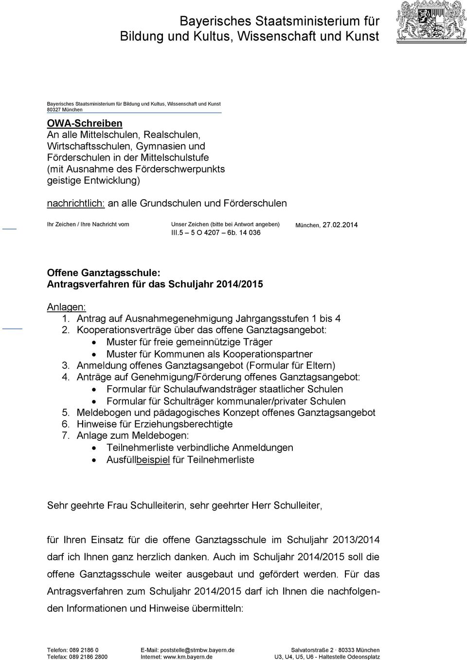 docx Bayerisches Staatsministerium für Bildung und Kultus, Wissenschaft und Kunst 80327 München OWA-Schreiben An alle Mittelschulen, Realschulen, Wirtschaftsschulen, Gymnasien und Förderschulen in