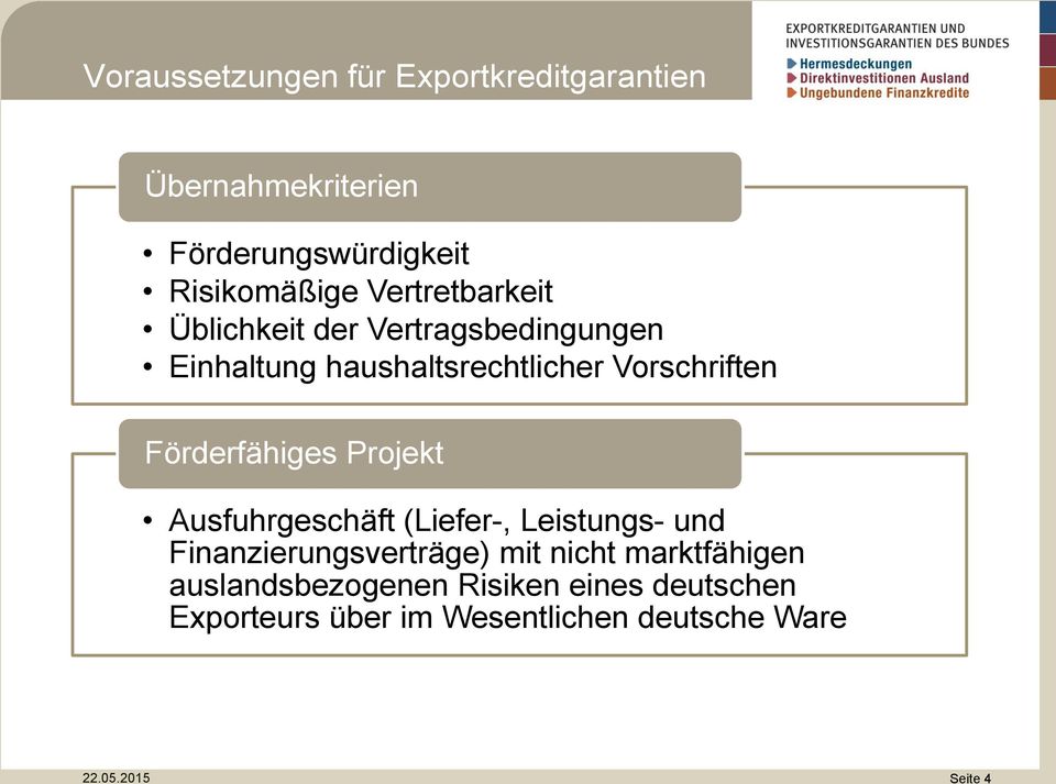 Vorschriften Förderfähiges Projekt Ausfuhrgeschäft (Liefer-, Leistungs- und Finanzierungsverträge)