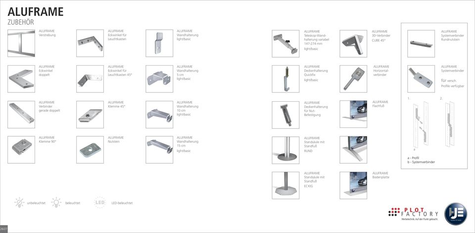 versch. Profile verfügbar Verbinder gerade doppelt Klemme 45 Wandhalterung 10 cm light/basic Deckenhalterung für Nut- Befestigung Flachfuß 1. 2.