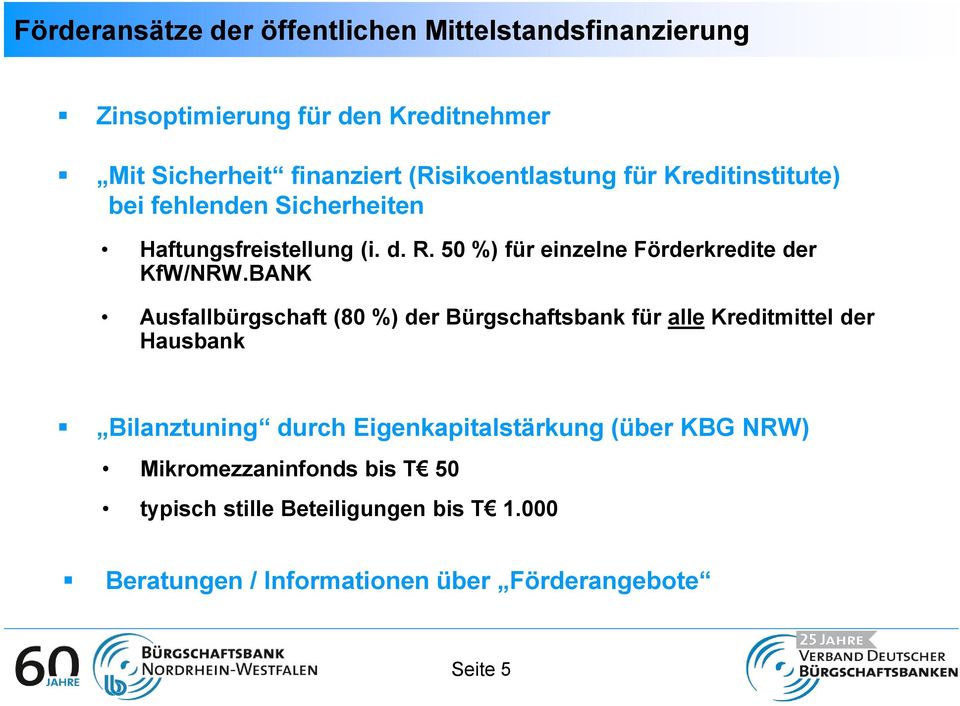 50 %) für einzelne Förderkredite der KfW/NRW.