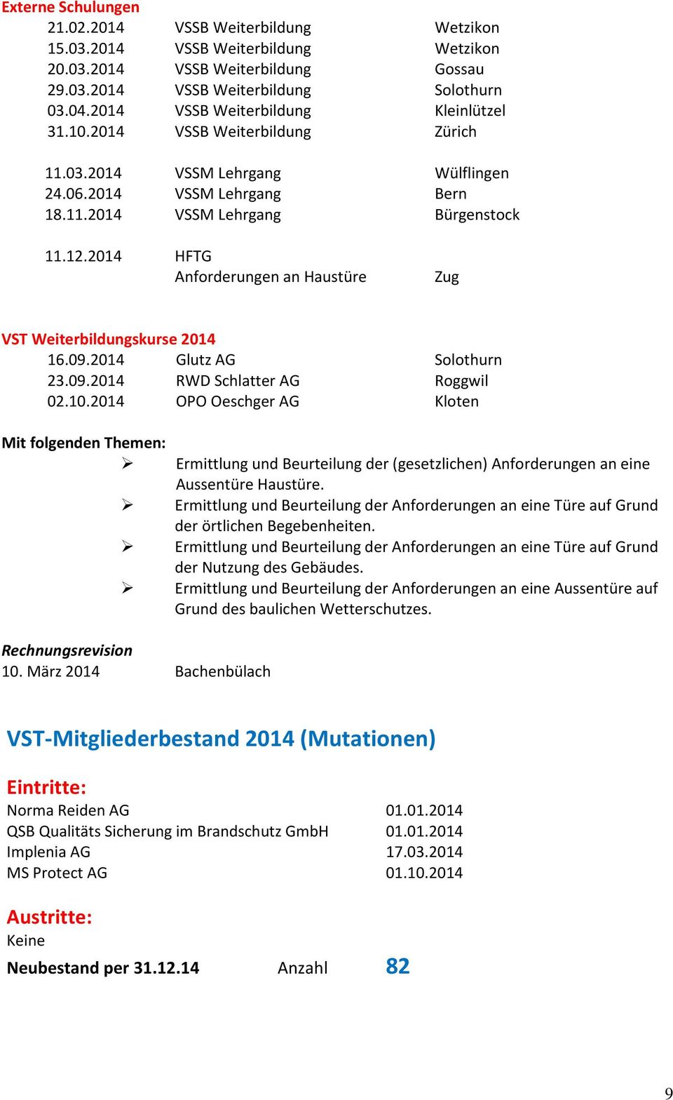 2014 HFTG Anforderungen an Haustüre Zug VST Weiterbildungskurse 2014 16.09.2014 Glutz AG Solothurn 23.09.2014 RWD Schlatter AG Roggwil 02.10.