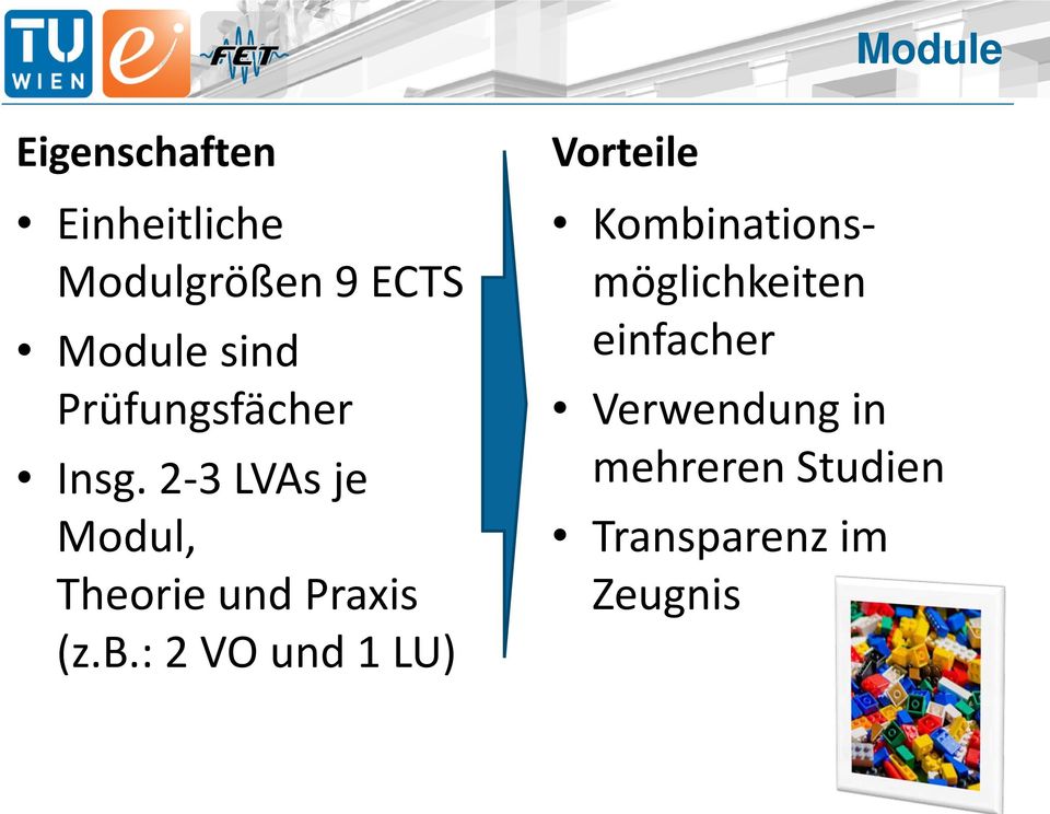 2-3 LVAs je Modul, Theorie und Praxis (z.b.