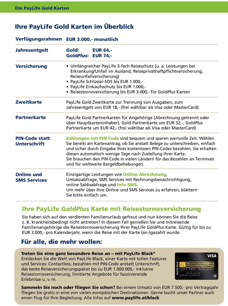 Leistungen bei Erkrankung/Unfall im Ausland, Reiseprivathaftpflichtversicherung, Reiseunfallversicherung) PayLife Schlüssel-SOS bis EUR 1.000,- PayLife Einkaufsschutz bis EUR 1.