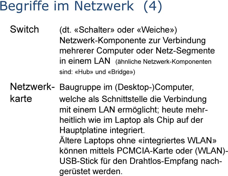 Netzwerk-Komponenten sind: «Hub» und «Bridge») Netzwerk- Baugruppe im (Desktop-)Computer, karte welche als Schnittstelle die