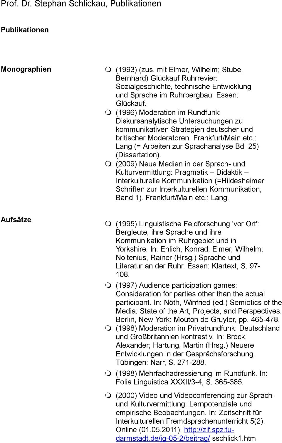 25) (Dissertation). (2009) Neue Medien in der Sprach- und Kulturvermittlung: Pragmatik Didaktik Interkulturelle Kommunikation (=Hildesheimer Schriften zur Interkulturellen Kommunikation, Band 1).