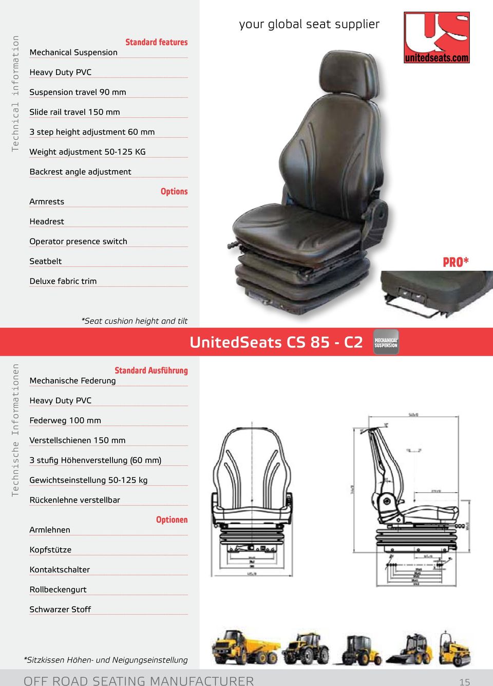 mm 3 stufig Höhenverstellung (60 mm) Gewichtseinstellung 50-125 kg Rückenlehne verstellbar *Seat cushion height and tilt