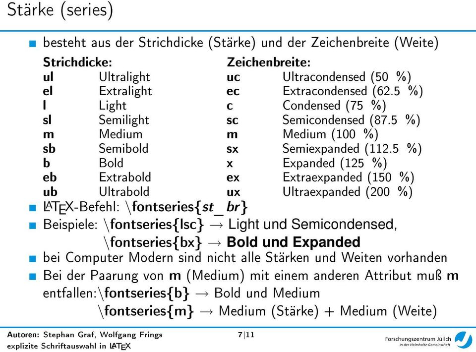 5 %) x Expanded (125 %) ex Extraexpanded (150 %) ux Ultraexpanded (200 %) LATEX-Befehl: \fontseries{st_br} Beispiele: \fontseries{lsc} Light und Semicondensed, \fontseries{bx} Bold und Expanded bei