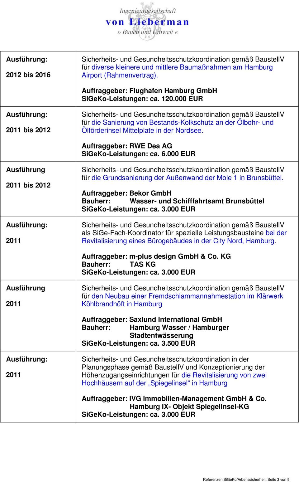 000 EUR 2011 bis 2012 2011 für die Grundsanierung der Außenwand der Mole 1 in Brunsbüttel. Auftraggeber: Bekor GmbH Bauherr: Wasser- und Schifffahrtsamt Brunsbüttel SiGeKo-Leistungen: ca. 3.
