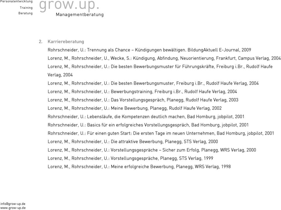 , Rudolf Haufe Verlag, 2004 Lorenz, M., Rohrschneider, U.: Die besten Bewerbungsmuster, Freiburg i.br., Rudolf Haufe Verlag, 2004 Lorenz, M., Rohrschneider, U.: Bewerbungstraining, Freiburg i.br., Rudolf Haufe Verlag, 2004 Lorenz, M., Rohrschneider, U.: Das Vorstellungsgespräch, Planegg, Rudolf Haufe Verlag, 2003 Lorenz, M.