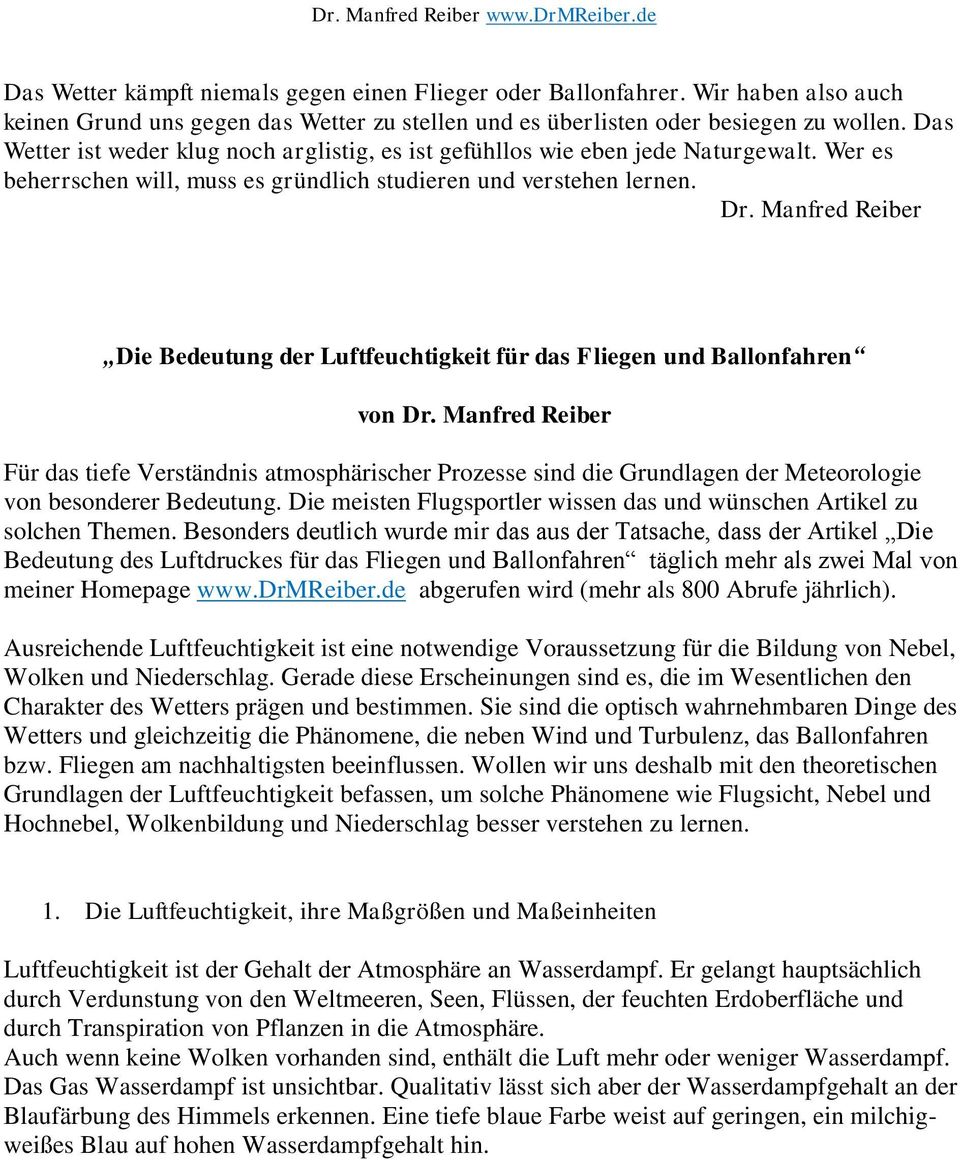 Manfred Reiber Die Bedeutung der Luftfeuchtigkeit für das Fliegen und Ballonfahren von Dr.