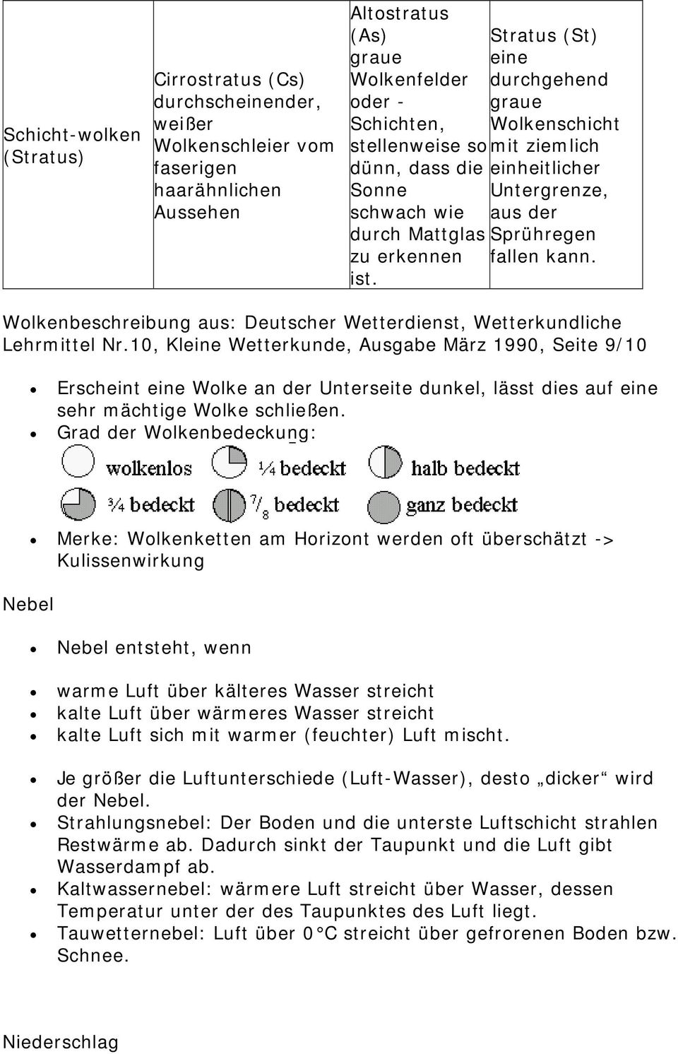 Wolkenbeschreibung aus: Deutscher Wetterdienst, Wetterkundliche Lehrmittel Nr.