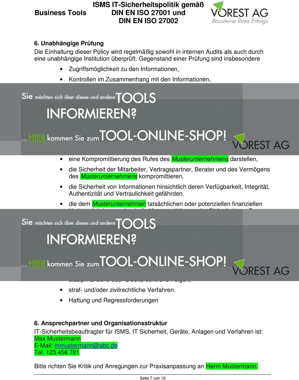 Rollen und unabhängige Genehmigung/Überprüfung von Transaktionen, Maßnahmen zur Wiederherstellung von Informationen und Verfahren. Einhaltung der Konformität zum internationalen Standard ISO 27001 7.