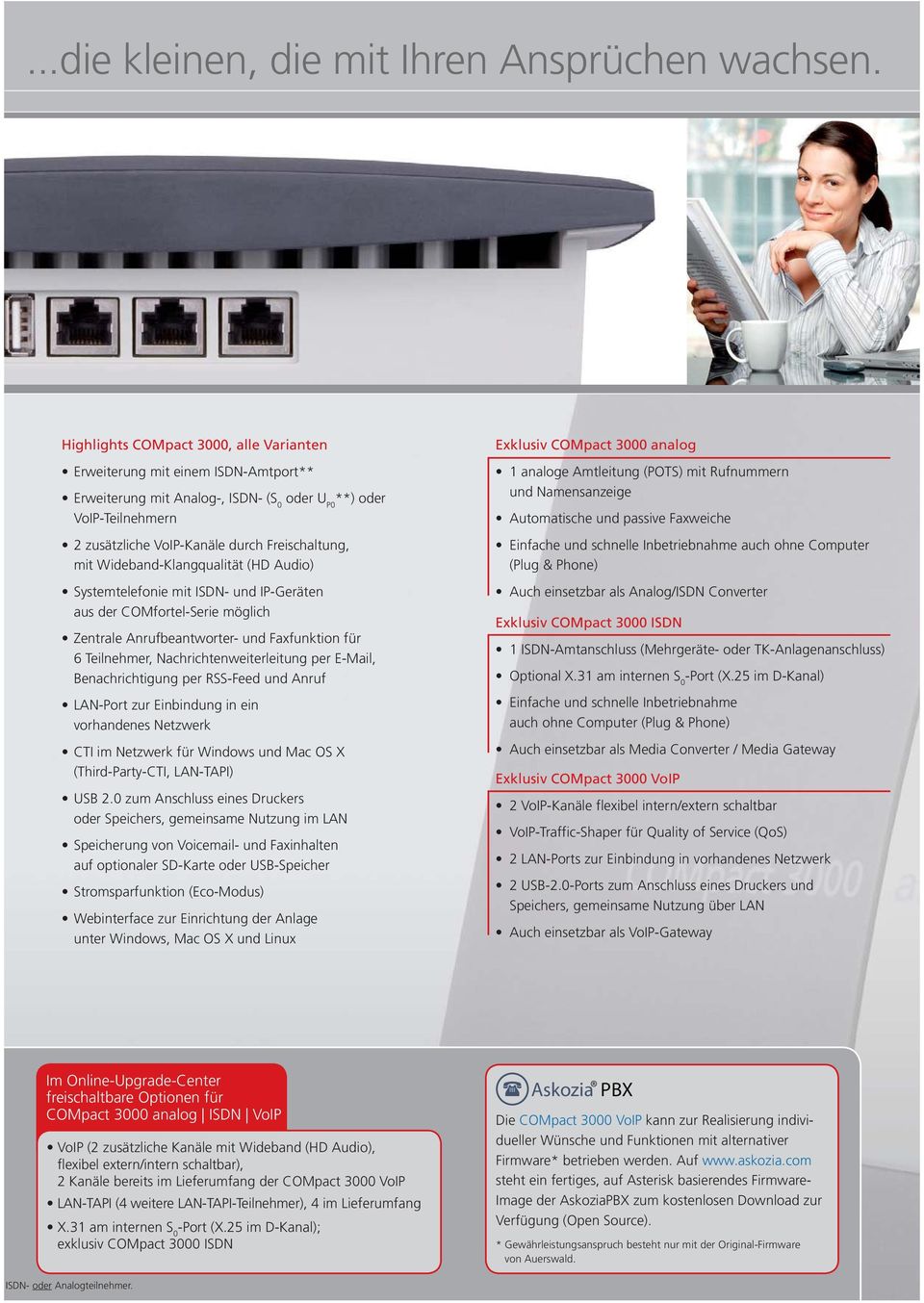 Wideband-Klangqualität (HD Audio) Systemtelefonie mit ISDN- und IP-Geräten aus der COMfortel-Serie möglich Zentrale Anrufbeantworter- und Faxfunktion für 6 Teilnehmer, Nachrichtenweiterleitung per