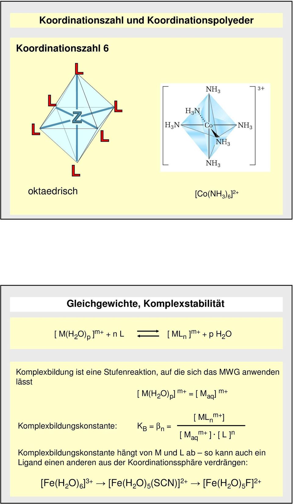 = [ M aq ] m+ Komplexbildungskonstante: K B = β n = [ ML n m+ ] [ M aq m+ ] [ L ] n Komplexbildungskonstante hängt von M und L ab so