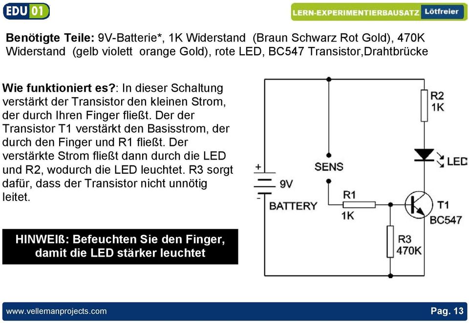 Der der Transistor T1 verstärkt den Basisstrom, der durch den Finger und R1 fließt.