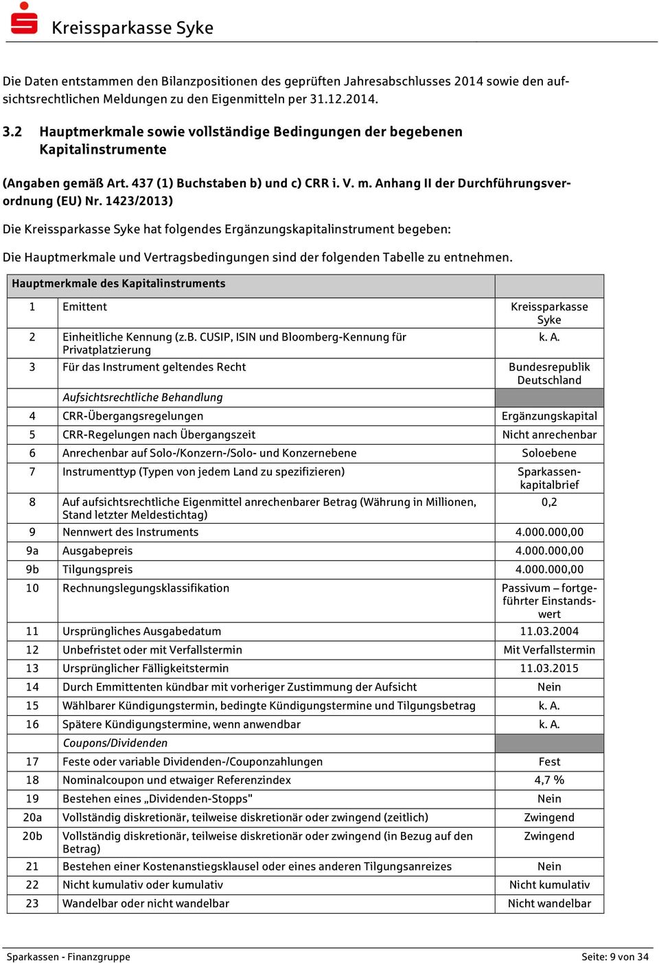 1423/2013) Die Kreissparkasse Syke hat folgendes Ergänzungskapitalinstrument begeben: Die Hauptmerkmale und Vertragsbedingungen sind der folgenden Tabelle zu entnehmen.