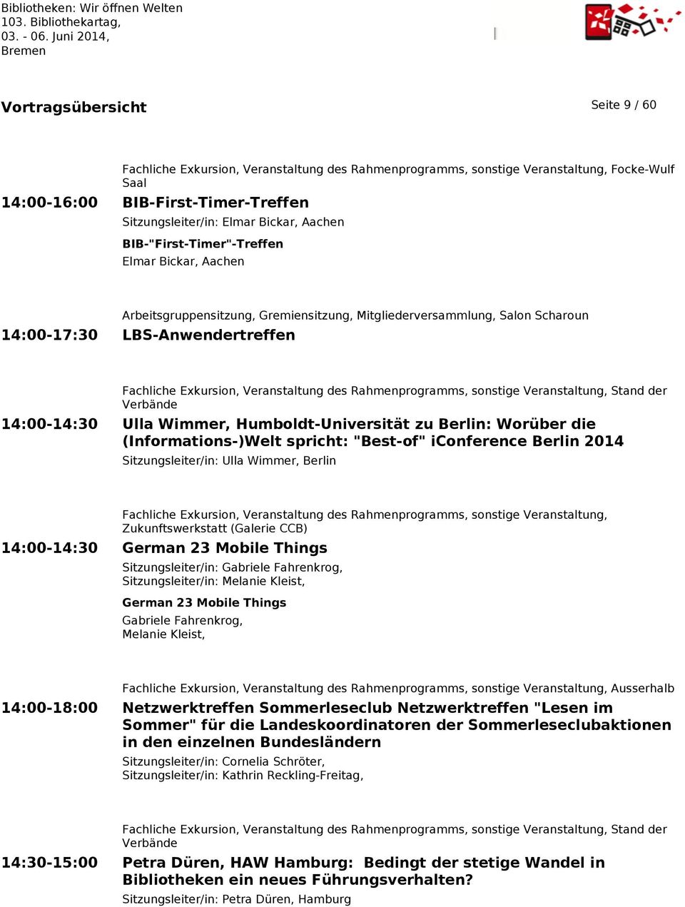 des Rahmenprogramms, sonstige Veranstaltung, Stand der Verbände 14:00-14:30 Ulla Wimmer, Humboldt-Universität zu Berlin: Worüber die (Informations-)Welt spricht: "Best-of" iconference Berlin 2014