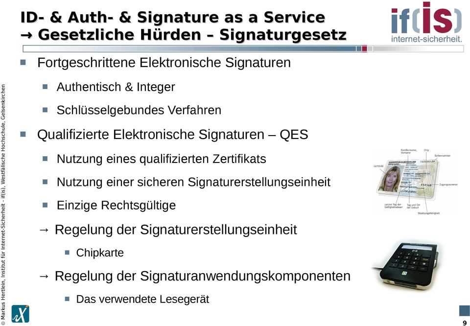 Nutzung eines qualifizierten Zertifikats Nutzung einer sicheren Signaturerstellungseinheit Einzige