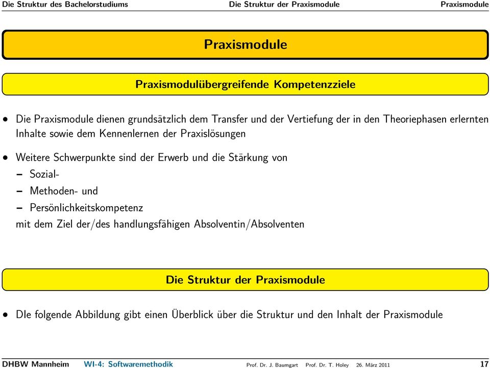 Stärkung von Sozial- Methoden- und Persönlichkeitskompetenz mit dem Ziel der/des handlungsfähigen Absolventin/Absolventen Die Struktur der Praxismodule DIe folgende