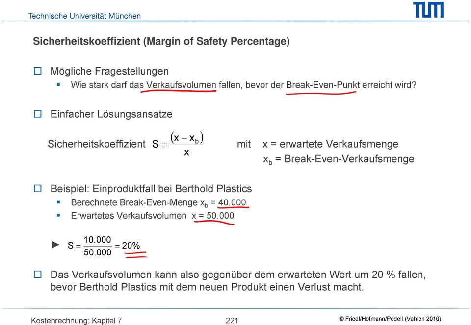 Einfacher Lösungsansatze Sicherheitskoeffizient S b mit = erwartete Verkaufsmenge b = Break-Even-Verkaufsmenge Beispiel: Einproduktfall bei